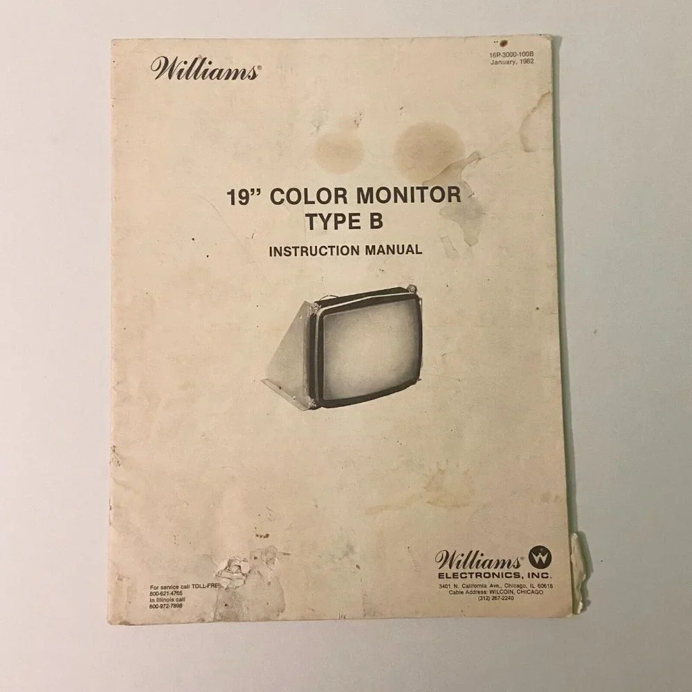 Vintage 1982 Williams 19 Inch Color Monitor Type A and B  Service Manual Torn